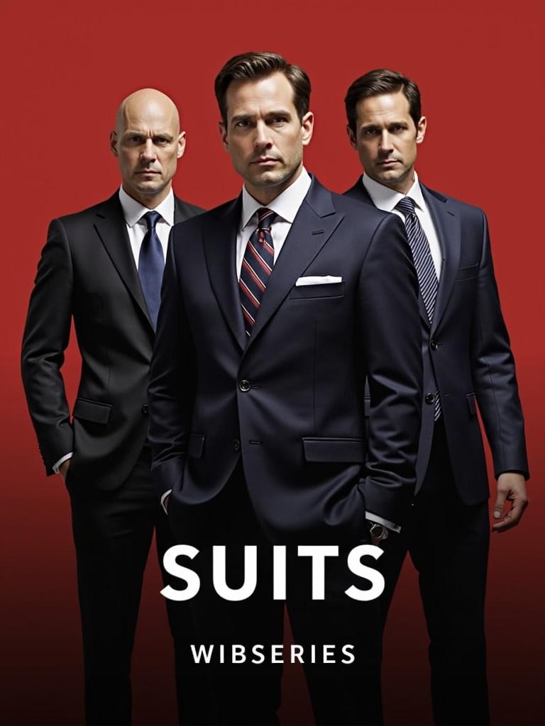 Three men stand side by side wearing tailored suits. The background is a solid red color. Title reads 'Suits' emphasizing a legal drama theme. The men convey a sense of professionalism.