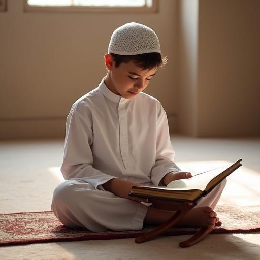 Young Muslim boy sits cross-legged on a prayer rug. He reads and memorizes the Quran. He wears a white thobe and a taqiyah. His expression is peaceful and focused. The Quran is open on a wooden rehal. The background features warm natural light and a simple setting resembling a mosque.