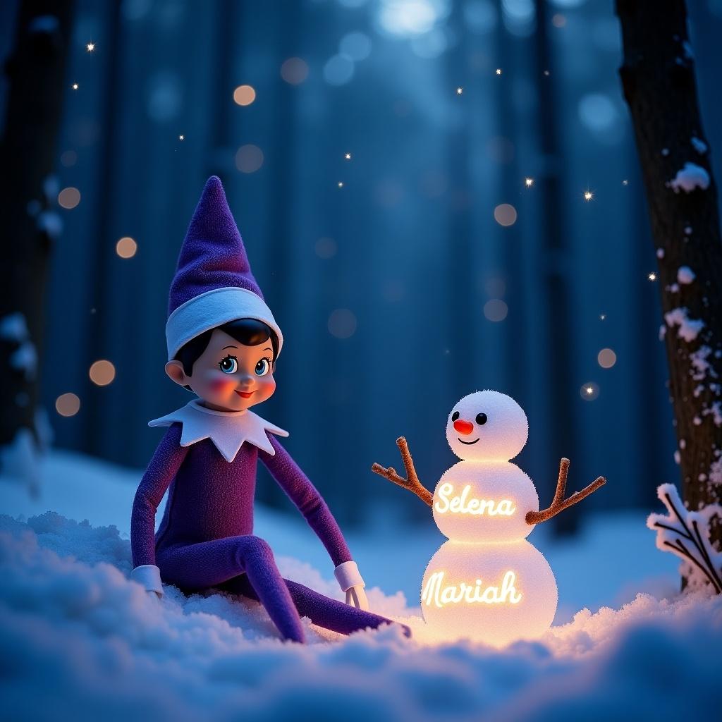 Picture depicts a purple Elf on the Shelf in a snowy woodland. Night sky adds enchanting atmosphere. A snowman features the names Selena and Mariah illuminated in light.