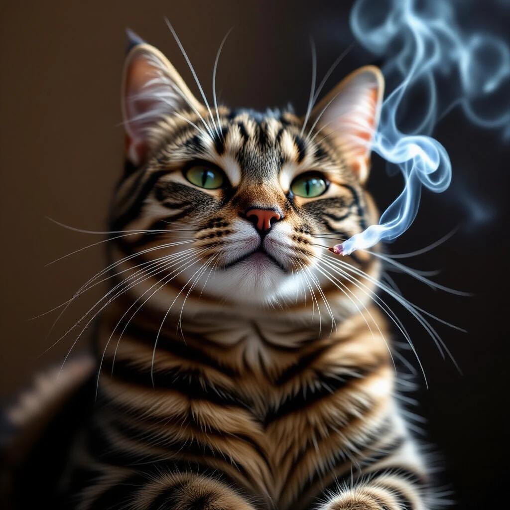 A close-up of a cat with distinctive facial patterns. Cat has bright green eyes. A cigarette is held in the cat's mouth. Smoke is rising from the cigarette. Background is neutral and blurred out. Image creates a humorous tone.