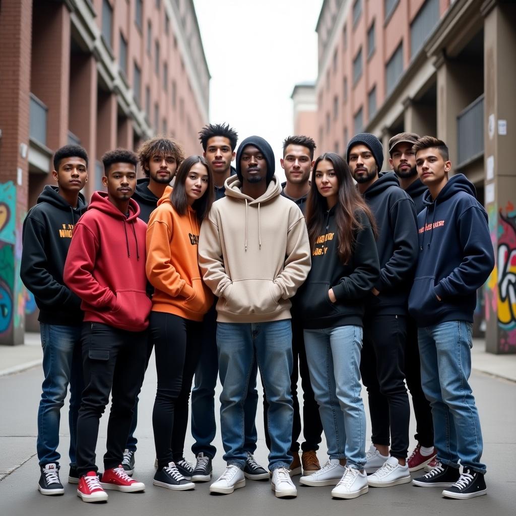 Group of six young men wearing hoodies in an urban alley. Neon lights reflect off the walls. The atmosphere is moody and vibrant.