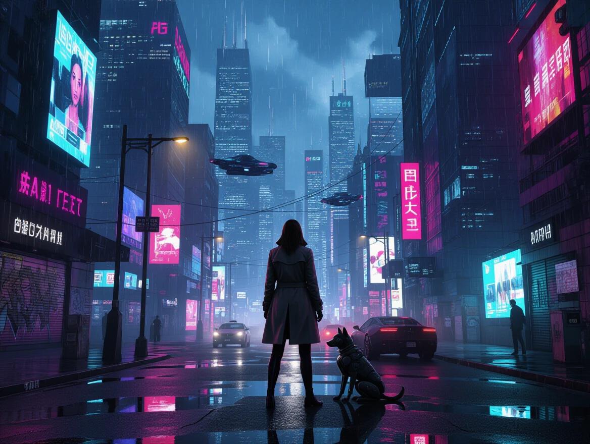 Futuristic megacity at night full of neon rain and holographic billboards. Skyscrapers reach low-hanging clouds. A female detective stands in a trench coat under a streetlight. Her face is half-lit and reflections appear in puddles on cracked asphalt. Flying cars zoom in the sky and distant sirens echo. Graffiti with augmented reality ads pulsates. A robotic dog scans for movement beside her. The atmosphere is smoky and mysterious. The lighting is realistic with cinematic shadows.