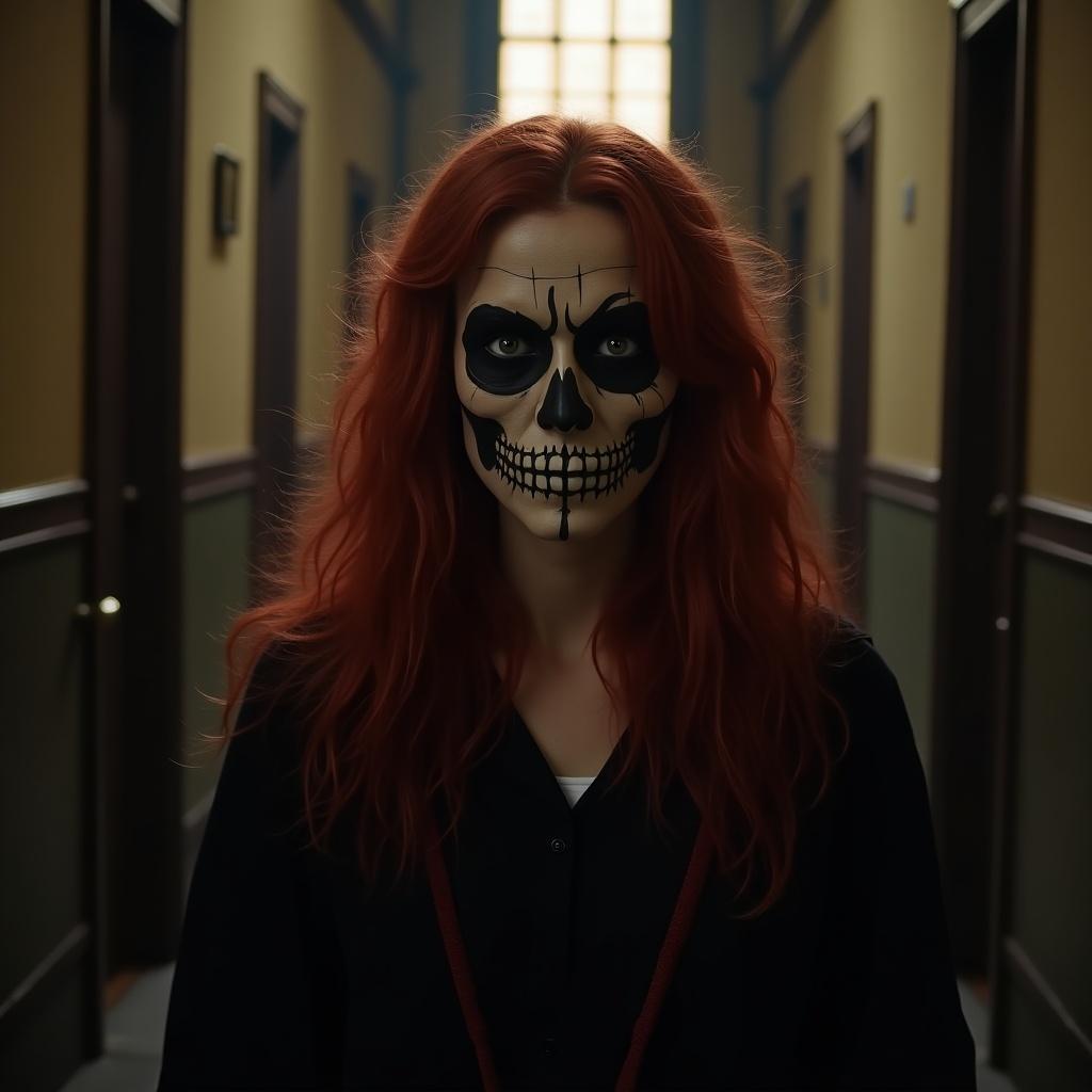 Teen girl with red hair wearing skull face makeup. Dark Hogwarts corridor serves as the backdrop. Setting features ominous lighting.