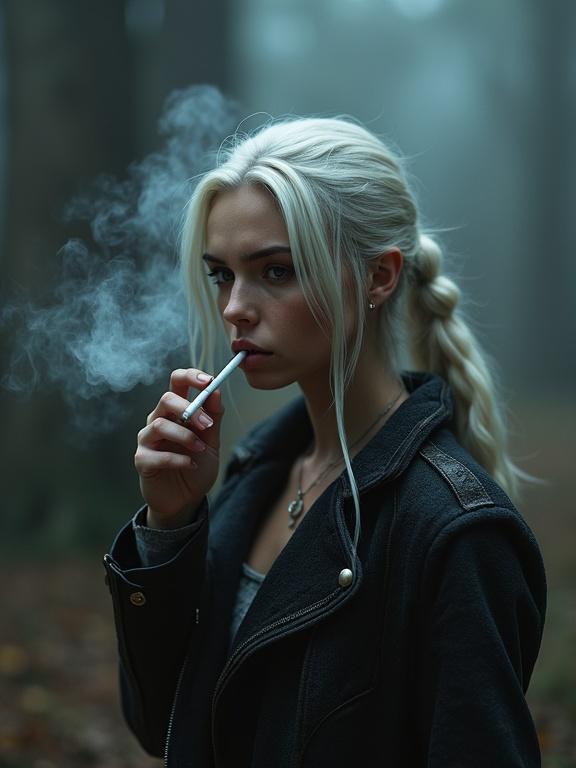 A photograph of a young woman with long blonde hair in a dark forest. She is smoking a cigarette. The atmosphere is moody and mysterious, with smoke surrounding her.