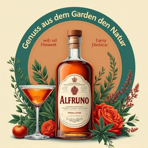 Stylized advertisement features a vintage aesthetic. At the top, a circular illustration shows a copper distillation apparatus. The background has a teal and orange gradient. Below it, bold maroon text reads 'Genuss aus dem Garten der Natur - wild und besonders'. A lower apothecary-style bottle labeled 'Alfruno' sits at the center. The bottle contains golden-reddish herbal liqueur. Cocktail glasses flanking the bottle are filled with liqueur. Surrounding elements include vibrant illustrations of herbs, roses and wildflowers. The color palette is warm with shades of orange, green, and maroon.