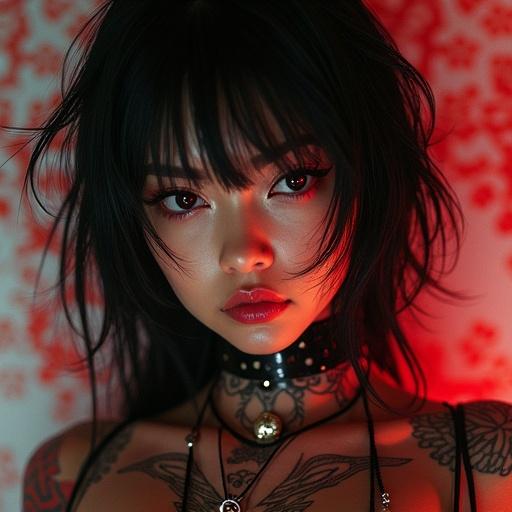 Portrait featuring a woman with black hair, sharp facial features, wearing stylish Japanese attire. Features prominent tattoos and a cyberpunk aesthetic. The image uses red and black tones with dramatic lighting for a striking effect. High resolution and ultra-detailed.