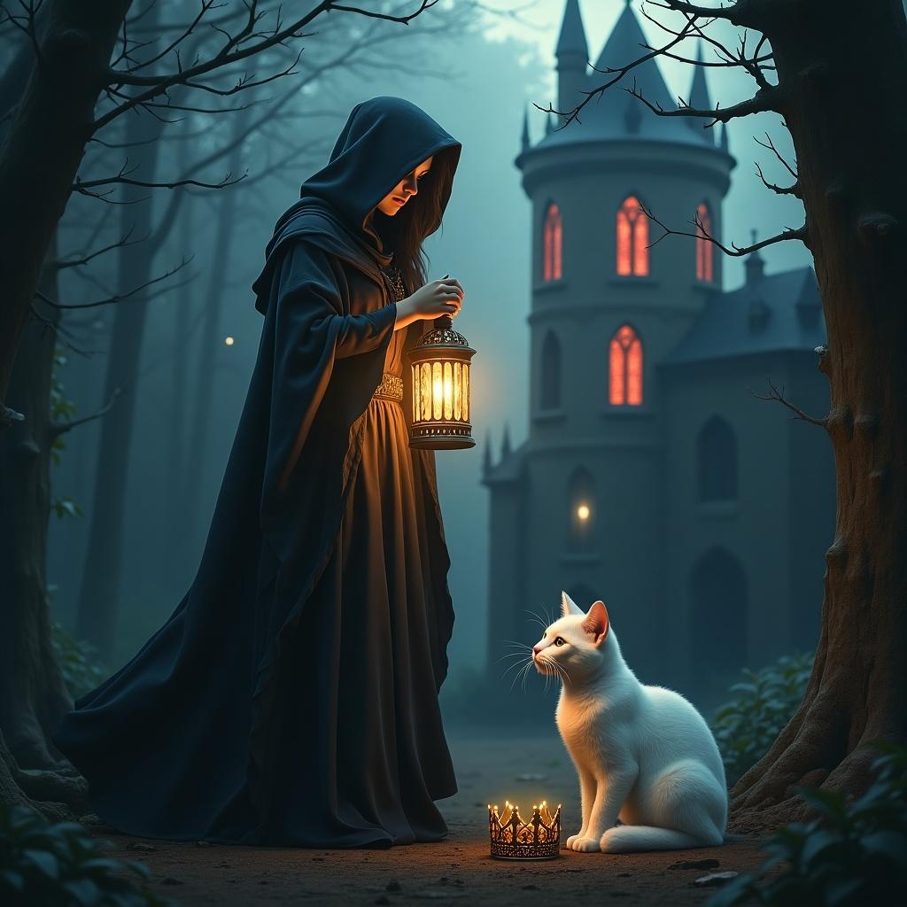 Mystical fantasy scene features a young woman in a hooded cloak. She holds a glowing ornate lantern illuminating her face. Dark forest surrounds an ancient castle with red glowing windows. A white cat sits nearby, staring at a golden crown on the ground. Giant spider silhouette is visible on the castle tower. Atmosphere is magical and slightly ominous with detailed lighting, soft shadows, and intricate details.