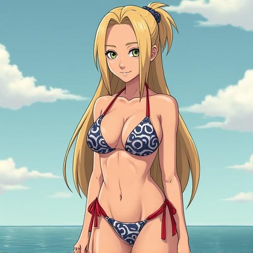Character inspired by anime. Young woman wearing a bikini. Long blonde hair. Bright expression. Standing pose. Beach or sunny theme.
