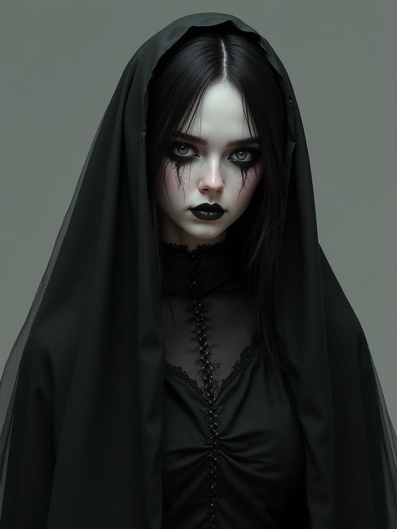 Full body portrait of a gothic girl. She has pale skin and dark makeup. She wears a black veil. Image rendered in high resolution.