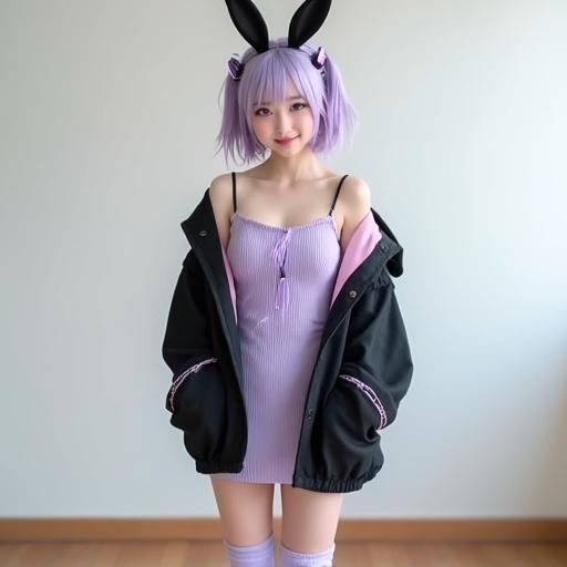 Photorealistic full-body image of a young woman in a studio. She has light lavender hair styled with pigtails and cheerful purple eyes. Her outfit includes a mini tube dress and a black rabbit ear hoodie. The background features simple white wallpaper and wooden flooring.