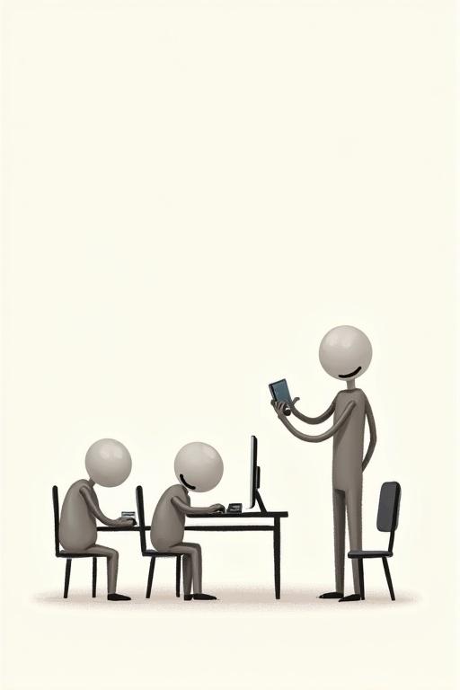 Depict stick figures in a minimalistic style. Show one tired stick figure with a pile of tasks. Surround with cheerful stick figures engaged with their devices. Focus on expressions and interactions. Use soft colors and simple shapes.