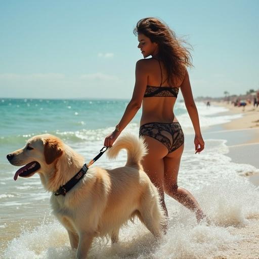 Woman walking on the beach with her dog. Bright sunny day, ocean in the background, casual beachwear. Relaxed atmosphere.