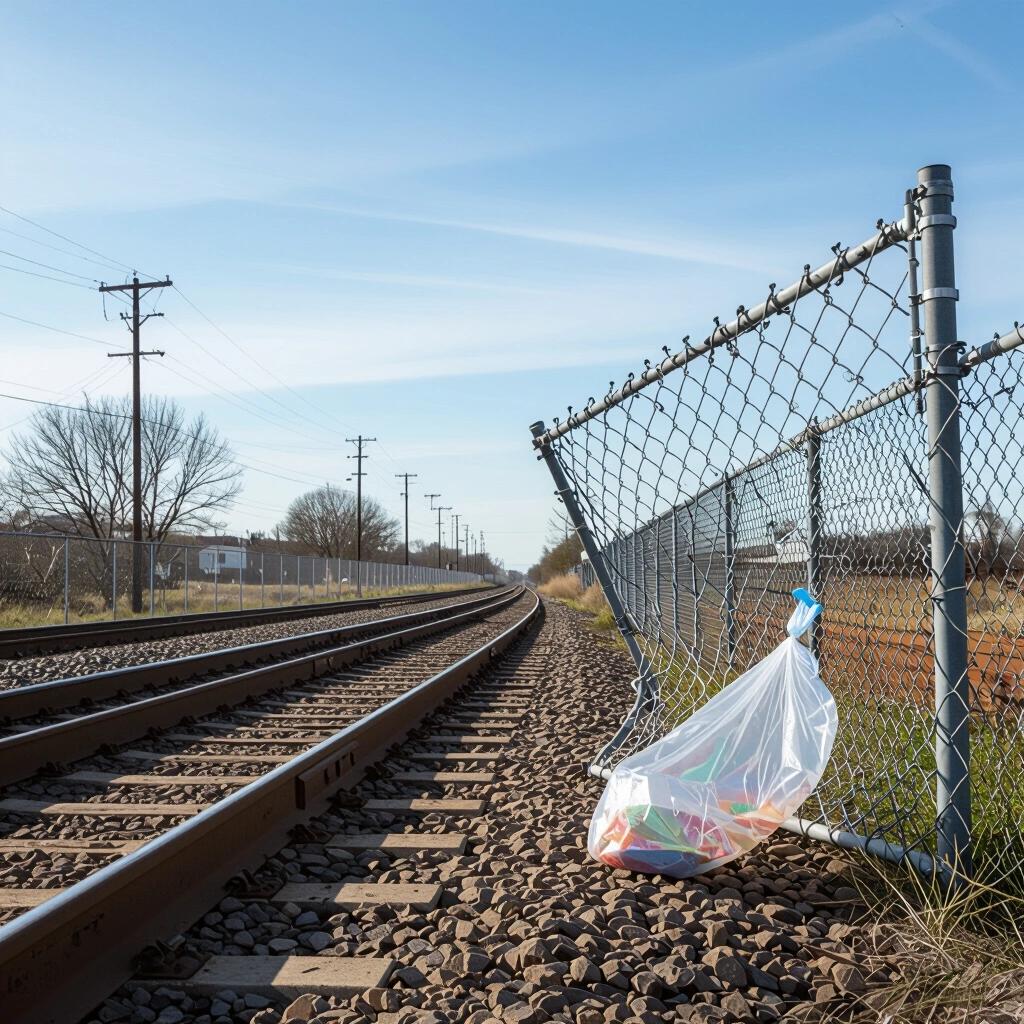 Chainlink fence bent open near train tracks. Plastic bag caught mid-flutter in the breeze. Camera angle low to the ground. Rail tracks visible extending into the distance. Blue sky overhead with few scattered clouds.