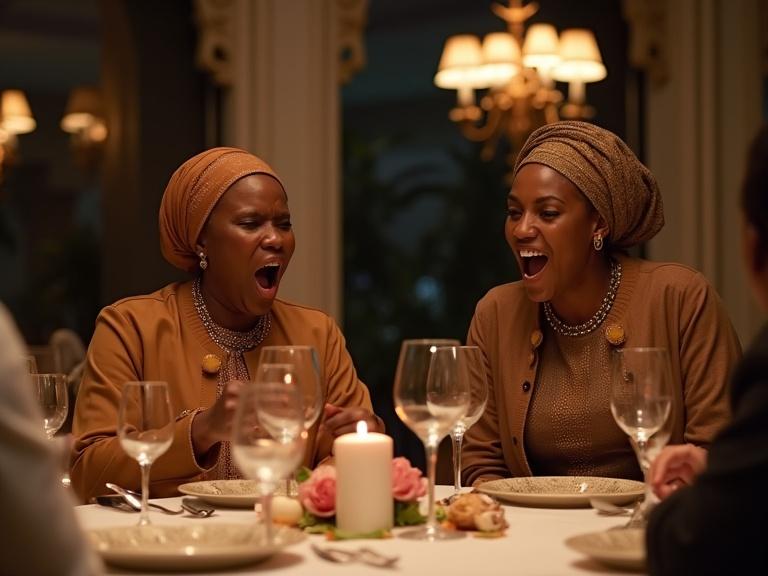 Image of an African Muslim family at a luxurious dining table. Two women expressing anger during the meal, engaging with strong emotions. Soft lighting enhances the atmosphere.