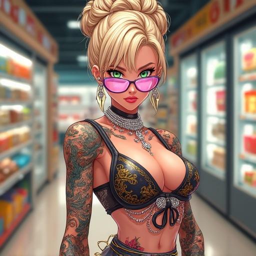 Anime character in a modern supermarket. Woman with light blonde hair in a French bun. She has emerald green eyes and is wearing pink sunglasses. Outfit features traditional tattoos and gold accents. Cybernetic right leg. Colorful and futuristic elements.
