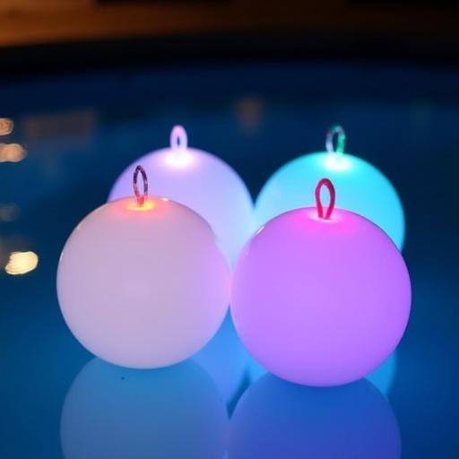 Four inflatable balls float in a pool at night. The balls are white transparent with different LED colors. They are grouped in a rhombus shape. Each ball has a tiny ring loop on top. The illumination from inside the balls creates a vibrant atmosphere. The pool reflects the colorful lights of the balls.