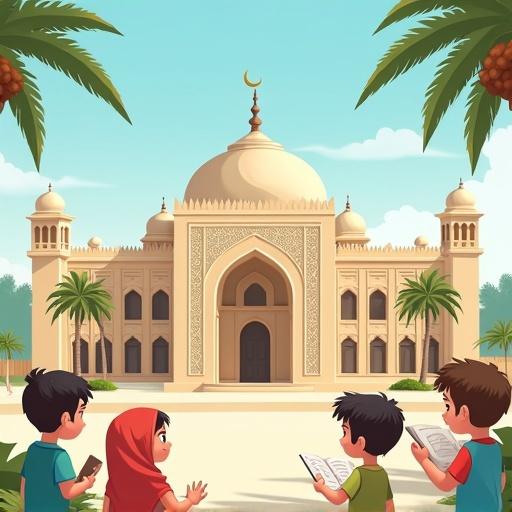 Cheerful summer activity poster for children. Scene of kids in modest Islamic clothing in front of grand Islamic-style building. Traditional architecture with domes and arches. Kids reading and drawing. Bright colors with palm trees and open space for text. Cartoon style art.