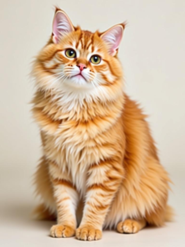 A fluffy orange tabby cat is sitting elegantly against a plain background.