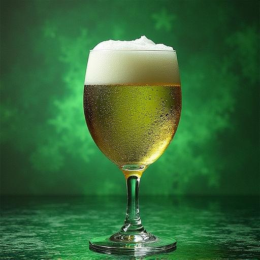 A beer glass filled with a golden drink and a creamy foam on top. It is placed on a green background with a soft, blurred design. The glass is elegant and slightly frosty from condensation.