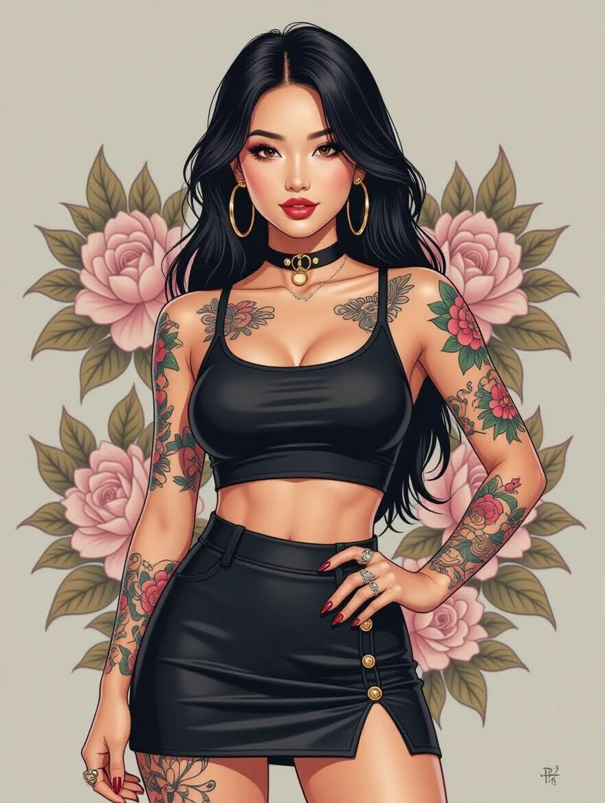 Stylish Asian woman with tattoos stands confidently. She wears a black crop top and mini skirt. Dark hair cascades down with a choker necklace. Roses serve as a background for the illustration.