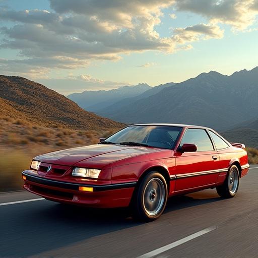 Pontiac version of the Opel Calibra captured in motion. Sleek red sports coupe driving along a scenic mountain road with an expansive landscape in background. The car's design showcases distinct curves and sporty features. Clear skies with scattered clouds enhance the visual appeal of the scene.