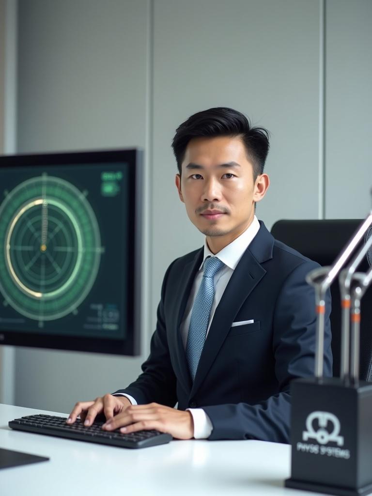 A man sits at a desk in a modern office. The office has gray walls and a white desk. The man wears a navy suit with a blue tie and has short dark hair. A radar display is on the monitor next to him. Golf clubs are on a stand with a logo. The style is hyperrealistic and sophisticated with soft lighting and no shadows.