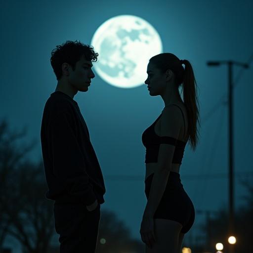 A dynamic photograph captures a transformation scene under a full moon. Michael appears short and hunched wearing a cropped sweater and thigh-high socks with a skirt. Quinn, much taller with icy blue eyes, wears Michael's clothes that strain against her form. The background depicts a dark sky with a bright moon. The composition is meticulously arranged with dramatic lighting and sharp focus on the subjects.