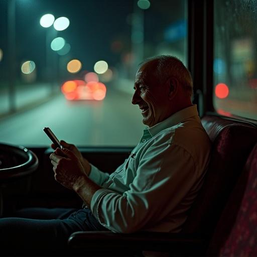 Elderly bald man sitting on a bus at night. He looks at his phone and smiles, as if chatting with someone.