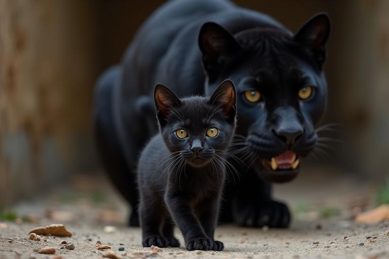 Hyperrealistic photograph of a small black kitten walking towards the camera. Behind it is an adult black panther, mirroring its pose. Both faces and upper bodies are visible, highlighted by realistic fur texture and intense gaze.