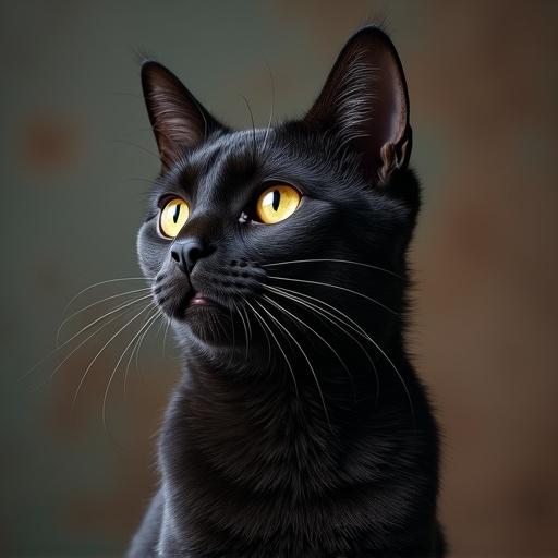 A black cat with distinctive features gazes confidently. The cat has bright yellow eyes and a glossy coat. Its whiskers are prominent against a softly blurred background.