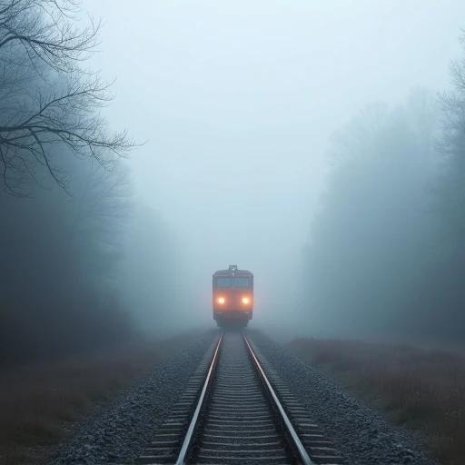 Train disappearing into fog. Whistle echoes faintly. Tracks vanish into mist.