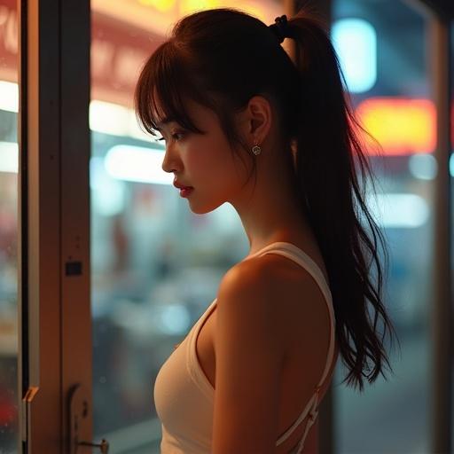 Full body shot portrait of a fit Japanese high school student in a white tank top with a ponytail entering a night club. Highly detailed with reflections on windows. Shot in a cinematic style.