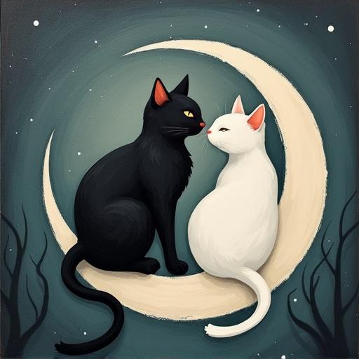 Two cats, one black and one white, are circling around a white crescent moon in a painted style.