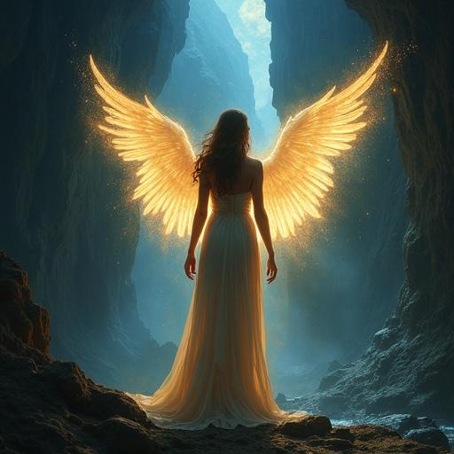 A glowing angel stands amidst darkness. The angel has bright light radiating strength. The setting features a grotto and contrasting shadows. The atmosphere is inspired by fantasy art.