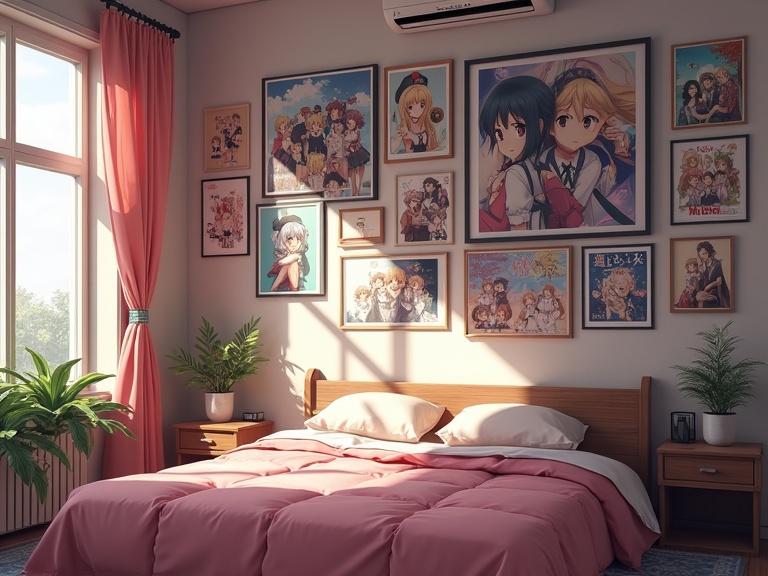 bedroom features anime posters on wall visual novel style soft lighting pink bedding plants
