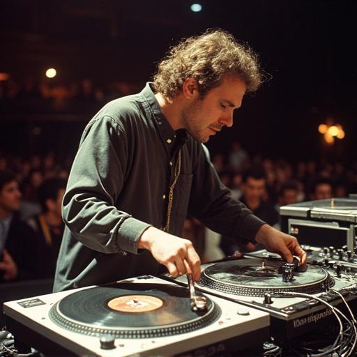 DJ Suibne from Ireland performs at the 1992 Ortofon World DJ Mixing Championships. He plays on two turntables with incredible speed. He performs turntable tricks with precise control. The mixer is placed on the right side of the turntables. The atmosphere is filled with energy and excitement as the audience watches.