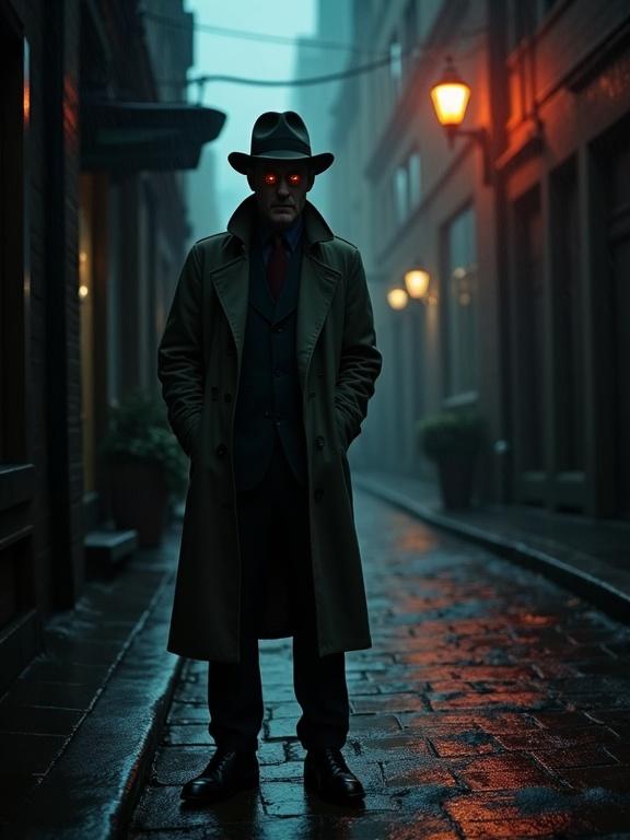 Cinematic representation of a classic film noir scene, a weary detective in a trench coat and fedora, standing in a dimly lit alleyway. Rain slicks the cobblestones underfoot, detective's face shows weariness. Eyes reflect neon glow of the city. Stark contrasts, dramatic shadows, evoking classic detectives with a modern gritty feel.