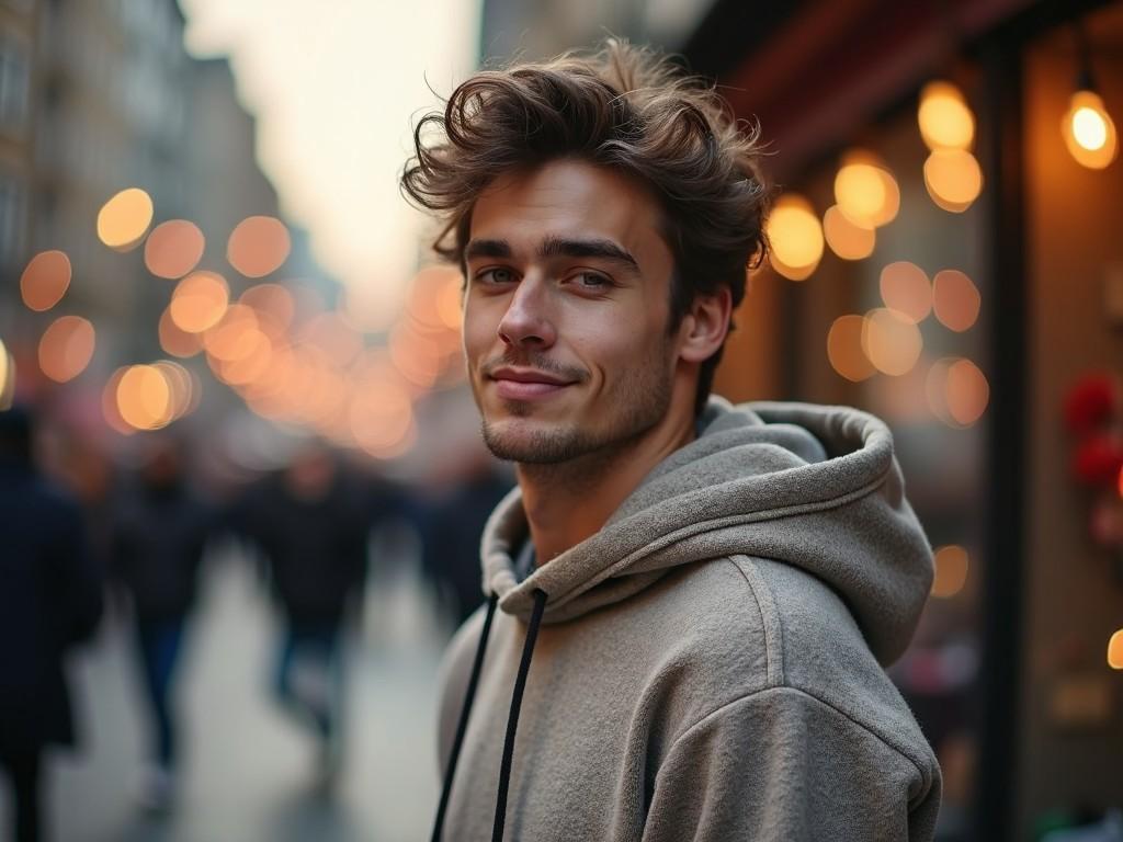 The image depicts a young man with tousled hair wearing a casual hoodie. He is standing outdoors in an urban area, with soft bokeh lights in the background creating a warm atmosphere. The scene captures a moment of genuine happiness as he smiles at the camera. The warm tones and soft lighting give a cozy, inviting vibe. People can be seen walking in the background, contributing to the lively city atmosphere. This photo embodies modern casual fashion combined with an appealing urban setting.