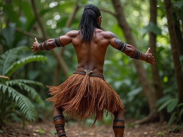 Male dancer from Maya culture with a symbolic fabric tail. Energetic and expressive pose. Black markings on the arms. Surrounded by lush tropical jungle.