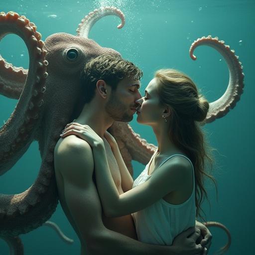 Surreal underwater scene with a serene woman and a colossal octopus. Their bodies are intertwined. They gaze at each other with profound peace and understanding. Soft light illuminates the scene, casting shadows.
