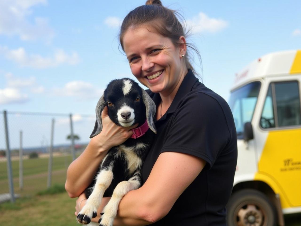 In this image, a person is standing outdoors, holding a small animal close to their chest. The weather looks pleasant with blue skies and a few clouds. The background features a yellow and white van, suggesting a delivery or service vehicle. The person is wearing a black shirt and appears happy while cradling the animal. The animal looks like a goat, having a unique black and white coloring with a pink collar. The setting appears to be a fenced area, possibly a farm or animal rescue location.