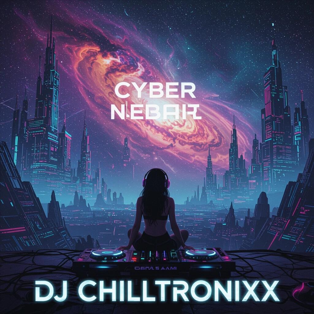 Cyber Babe stands at a DJ setup. Nebula sky with swirling colors. Huge neon megastructures in a distant city. Artistic design with the title DJ Chilltronixx prominently displayed.
