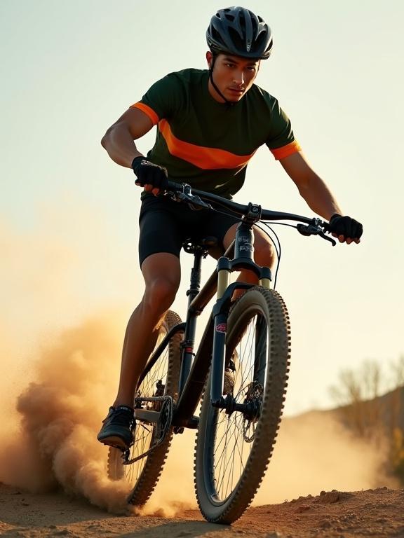 A young male cyclist rides a mountain bike captured from a low side angle. He leans into a turn, kicking up dust. He wears a dark green and orange jersey, black shorts, gloves, and a black helmet. The bike has thick knobby tires. Warm sunlight highlights his muscles and focused expression. Set against a clear background. Highly realistic and sharp details.