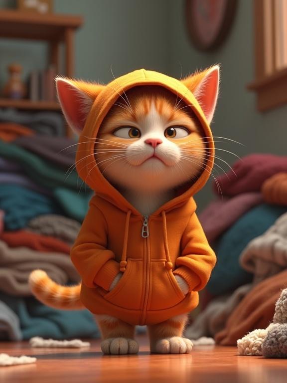 Pixar-style 3D cat character wearing an orange hoodie standing in front of a messy laundry pile. The cat shows a frustrated expression and is centered in a cozy indoor setting with warm tones. Soft light shines on the scene, highlighting the mess of clothing in the background.