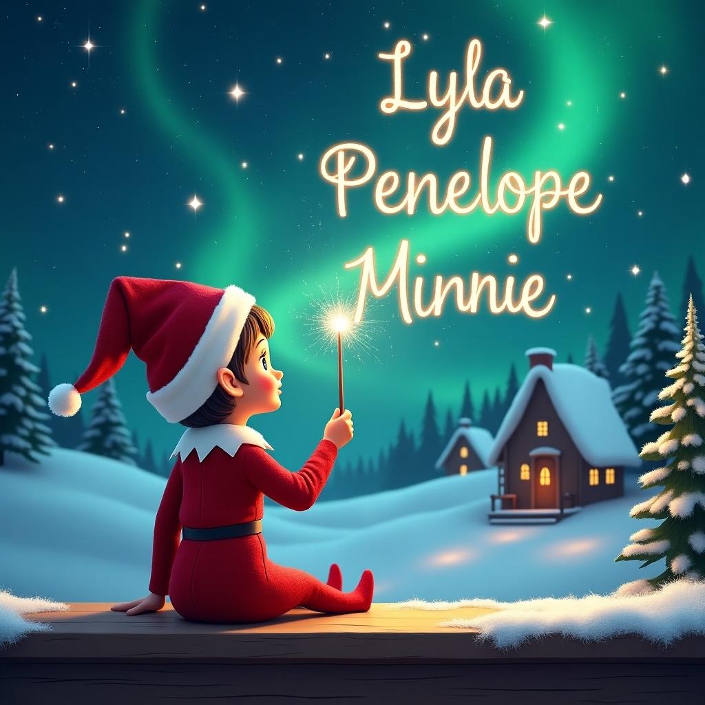 An elf sits on a wooden ledge gazing at a magical sky. The elf is dressed in a red outfit with a pointed hat. The elf holds a sparkling wand. The elf writes the names 'Lyla', 'Penelope', and 'Minnie' in the starry sky. Background has a snowy landscape with charming houses and evergreen trees.