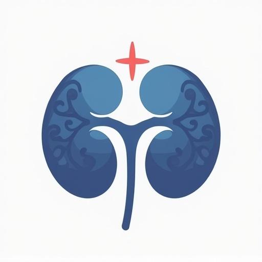 Stylized logo for a nephrology clinic. The design features two blue kidneys with intricate patterns. A red plus sign is positioned above the kidneys. Clean and modern illustration.