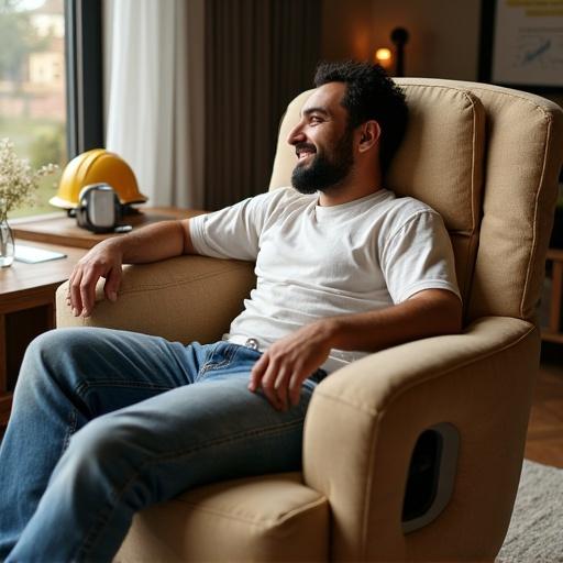 Scene depicts a driver sitting on a plush sofa that blends construction elements. The sofa is beige with elegant curves and industrial metal components. The person appears relaxed in a cozy modern living room. Background includes furniture and construction site details.