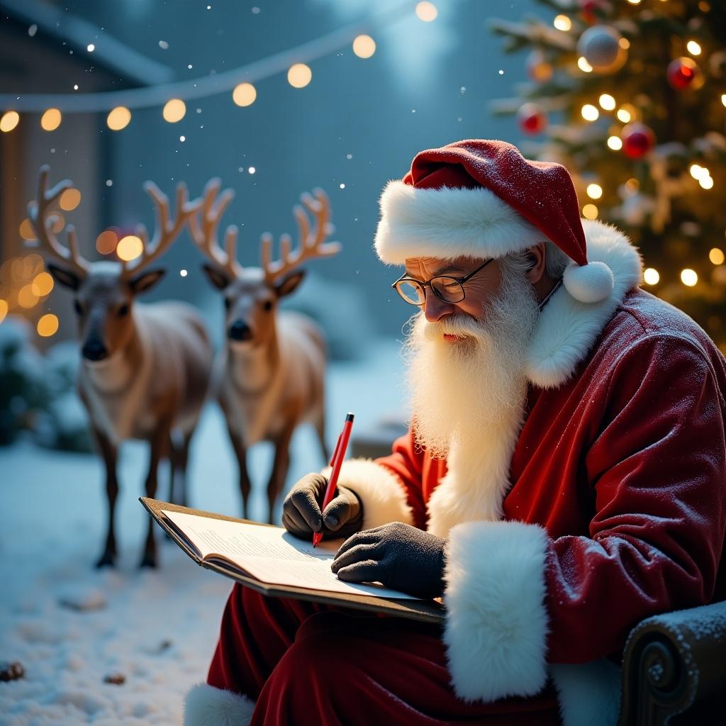 Magical Santa writes letter to Evelyn. Reindeer play in snow. Christmas tree glows with lights. Soft winter atmosphere.