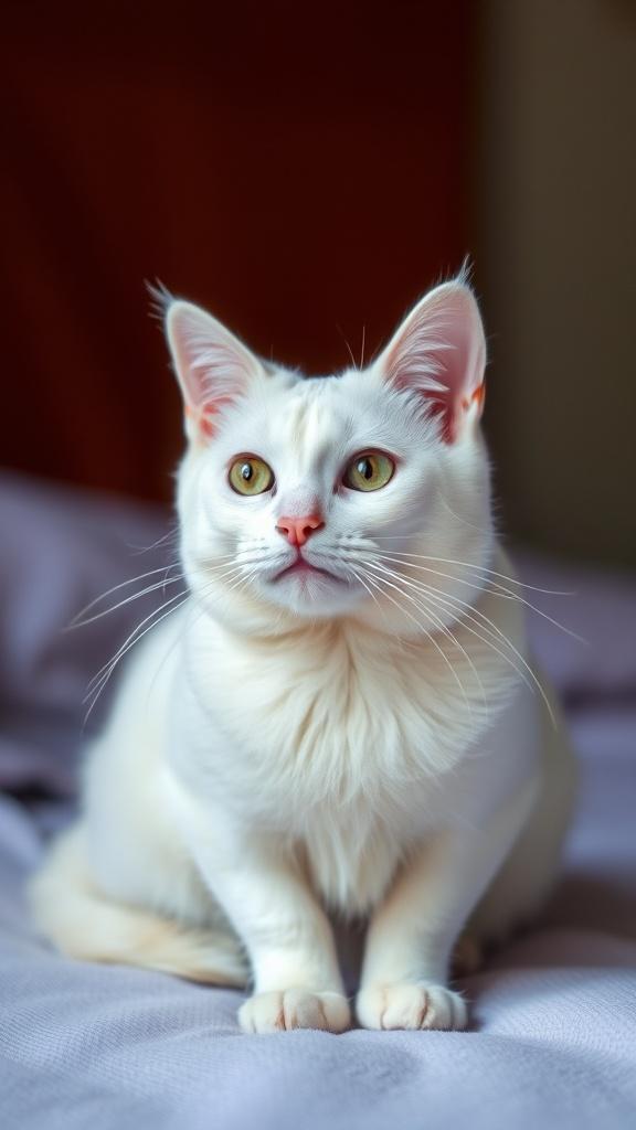 A fluffy white cat with striking eyes sits attentively on a soft surface.