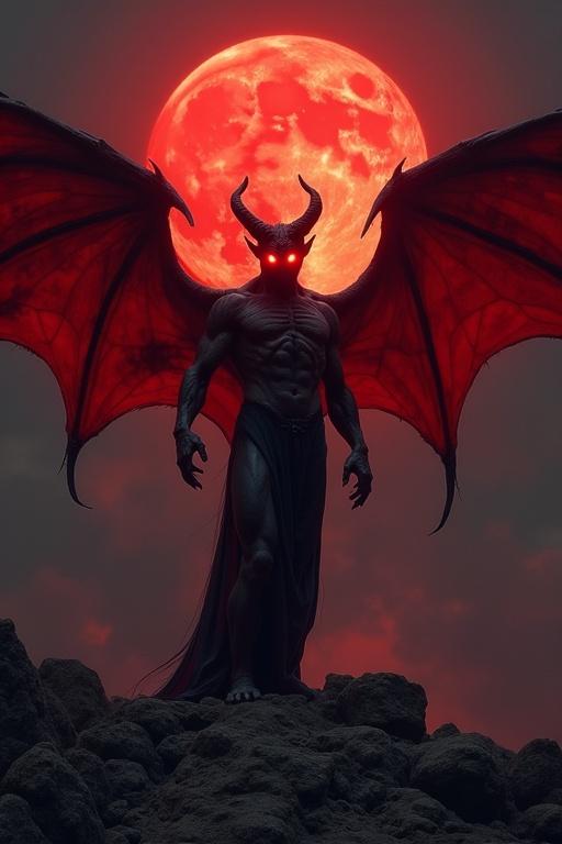 The image features a demonic figure with large red wings and horns. A glowing red moon is in the dark sky. The creature has glowing eyes. The landscape is rugged, showing an otherworldly realm.